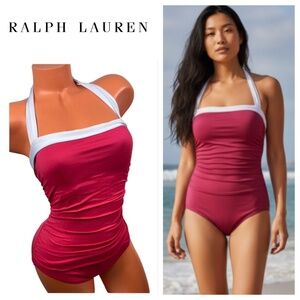 Ralph Lauren Magenta & White Halter One-Piece Swimsuit